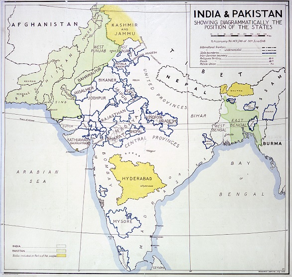 A 1948 map of India and Pakistan used by the Foreign Office (catalogue reference MFQ 1/1145). As is the case with large numbers of our maps, this map has been extracted from a Foreign Office series (in this case, FO 371) to be held with other maps and plans stored together.
